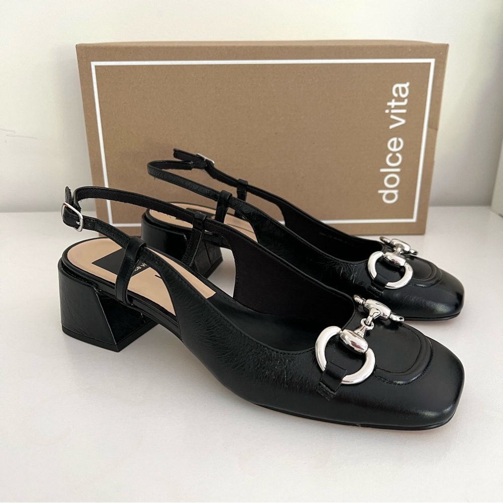 SOLD ❌ Dolce Vita Melli Slingback Low Heels / Black Leather with Silver Accents